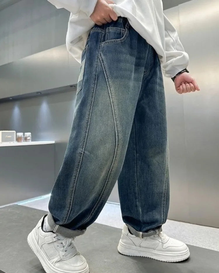 2025 New Korean Style Boys Jeans Spring Autumn Loose Fit Elastic Casual Kids Big Kids Fashion Trendy Jeans