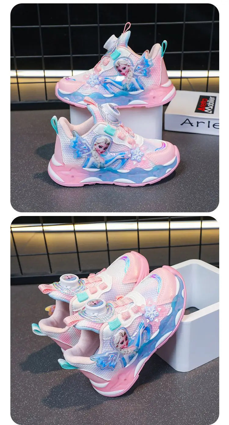 Disney LED Casual Sneakers Spring Girls Frozen Elsa Princess PU Leather Shoes Children Lighted Non-slip Pink Size 23-35
