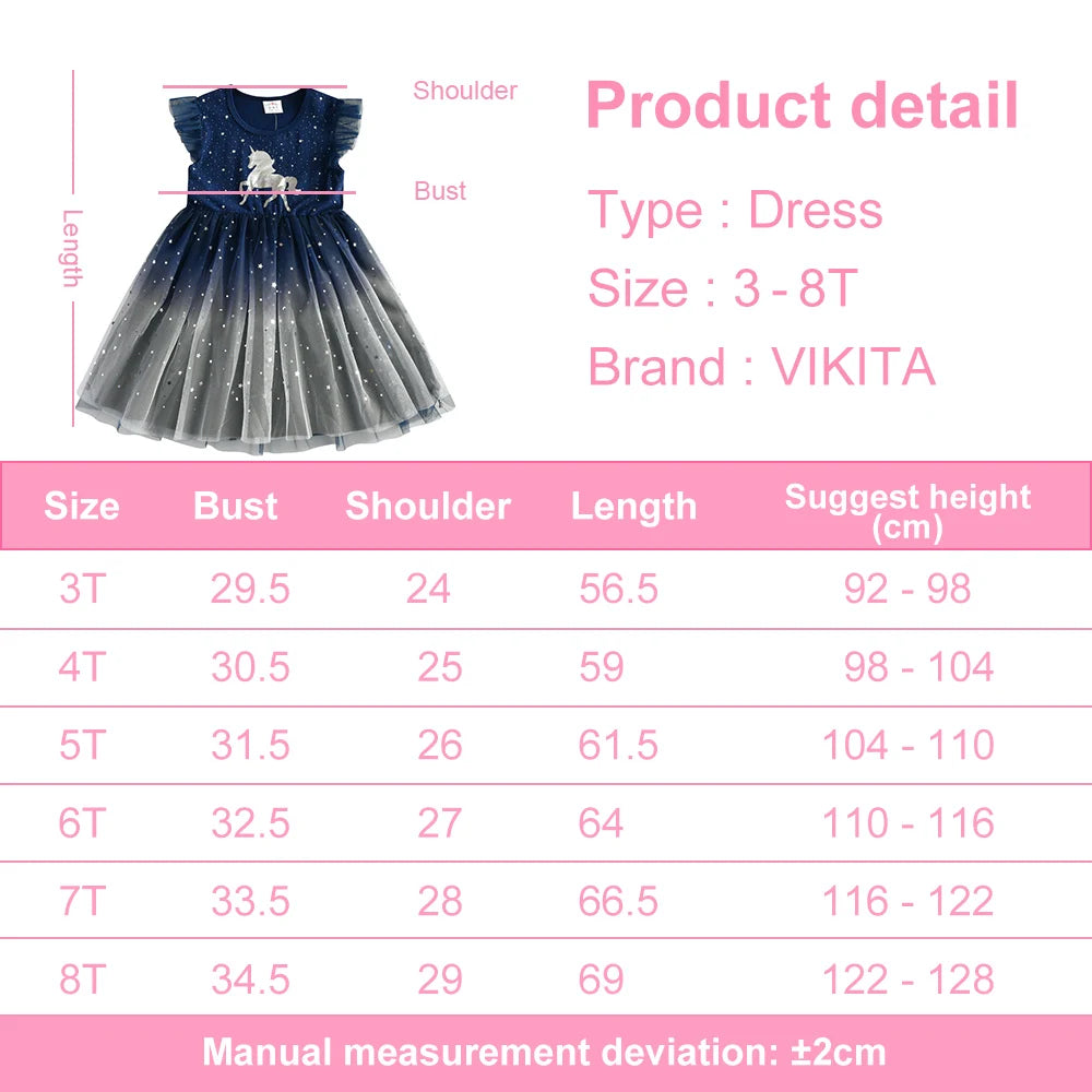 VIKITA Girls Flare Sleeve Summer Dress Kids Unicorn Print Birthday Party Mesh Tulle Princess Elegant Dresses Girl Gradient Dress