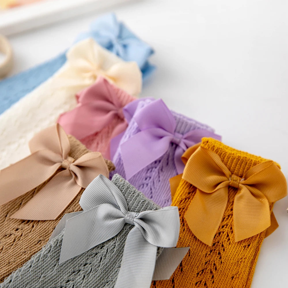 1 Pairs Summer Bow Baby Girls Socks Toddler Long Sock Infant Knee High Cotton Mesh Spanish Style Breathable Socks For 0-8Years