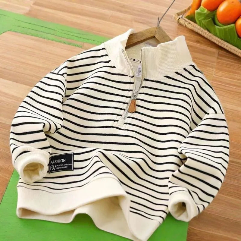 2025 New Boys' Medium-Large Lightweight Autumn Polo-Style Sweatshirt - Striped Half-Zip with Stand Collar & Lapel Top