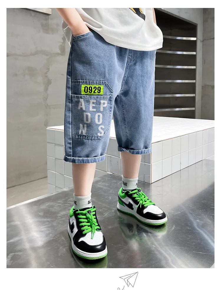 2024 New Teenage Boys Denim Shorts 4-10 Years Summer Fashion Letter Printed Soft Trousers For Kids Children Casual Pants