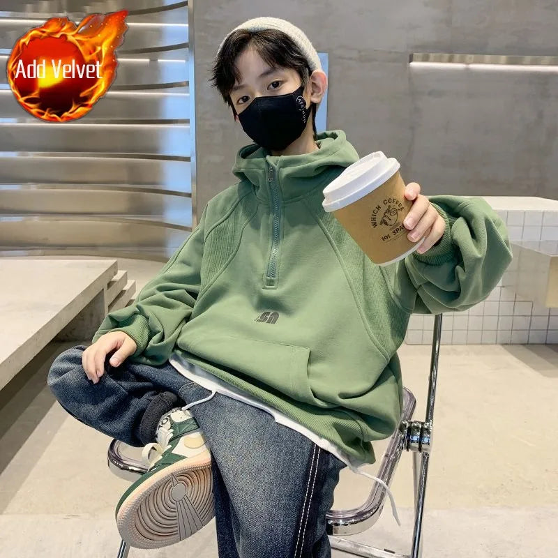 2025 New Boys' Mid-Large Spring-Autumn & Autumn-Winter Fleece-Lined Thickened Hooded Hoodie - Trendy Streetwear Boys' Top