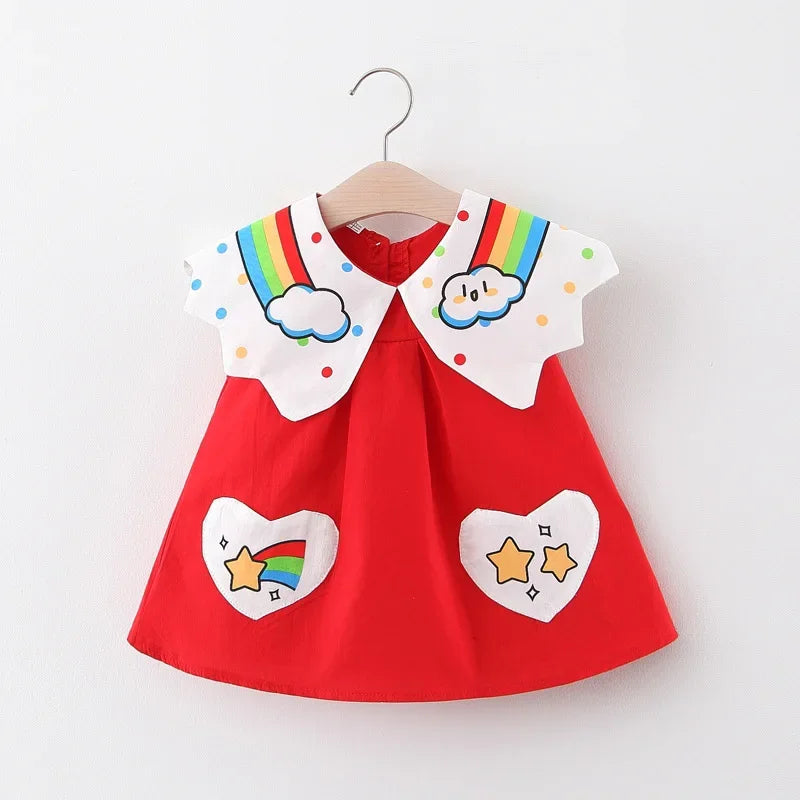 New Children's Clothing Summer Girls Rainbow Cloud Big Flip Collar Contrast Sleeveless Dress Korean Cartoon Dress