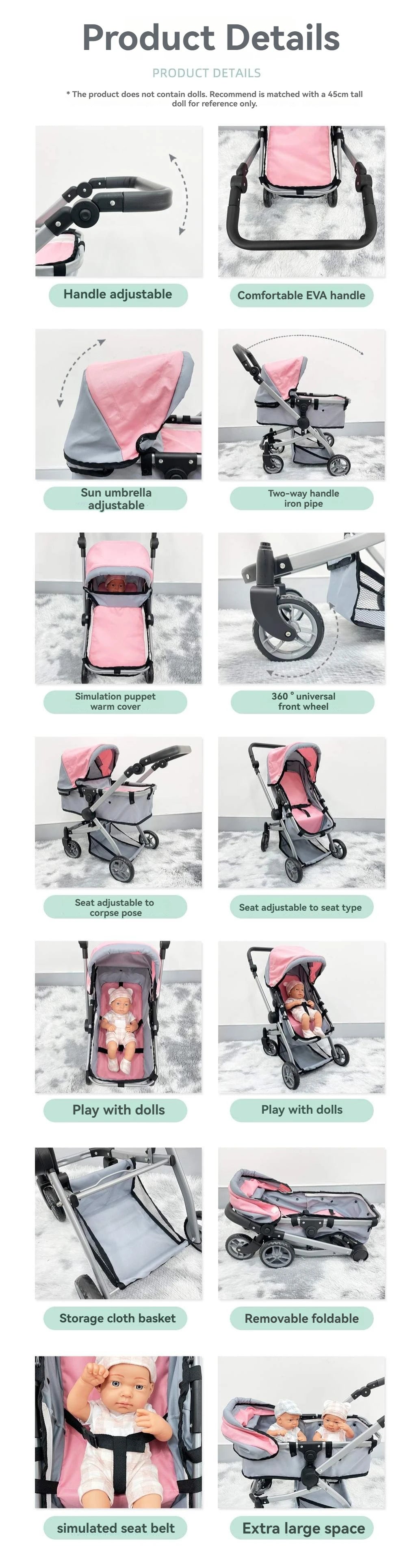 2-in-1 Baby Doll Stroller with Canopy Storage Basket Doll Pushchair Trendy Pram Kids Pretend Play Toy Fits Dolls Up to 18"/45cm