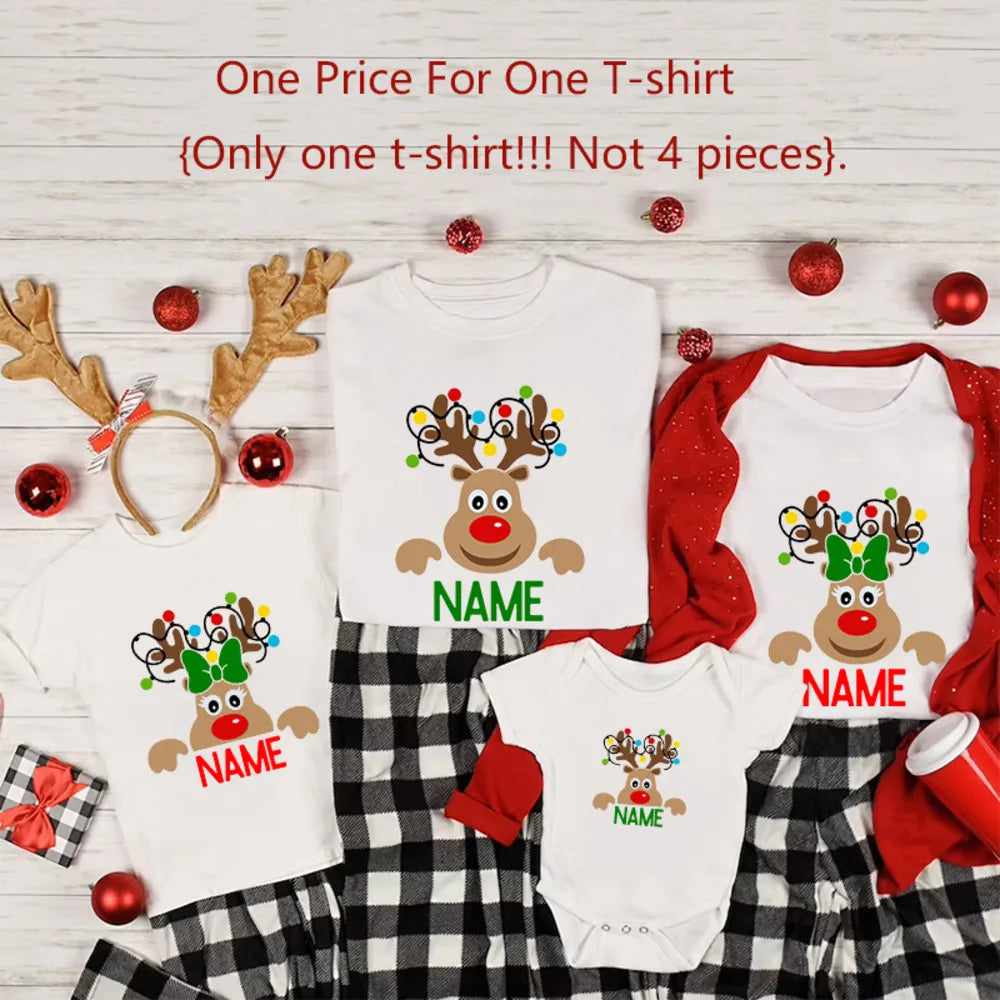 Reindeer Family Christmas Shirt Personalized Christmas Family Shirts Custom Dad Mom Kid & Baby Name Tee Xmas Gift Clothes