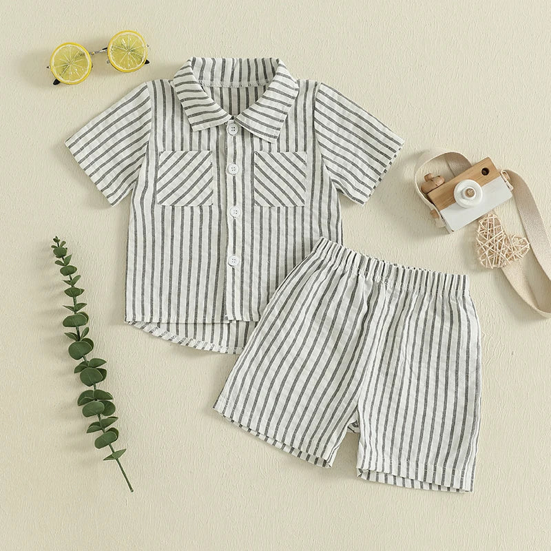 Infant Boy s 2-Piece Outfit Set with Striped Collared Shirt and Elastic Waist Shorts for Summer Wear Toddler Baby Boy Clothes