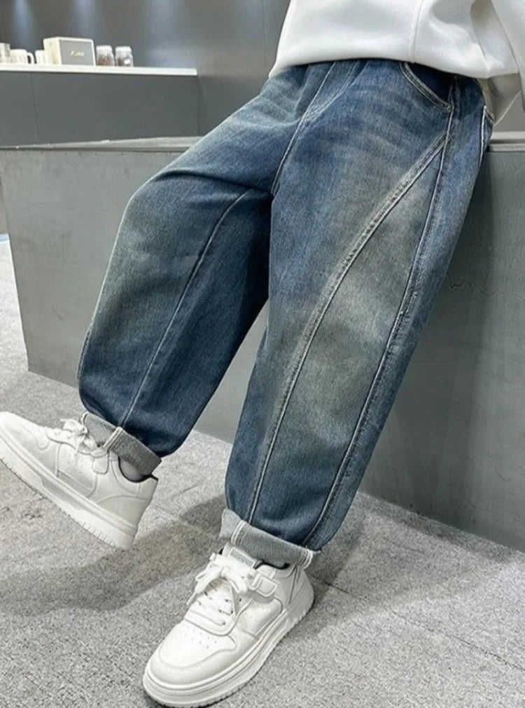 2025 New Korean Style Boys Jeans Spring Autumn Loose Fit Elastic Casual Kids Big Kids Fashion Trendy Jeans