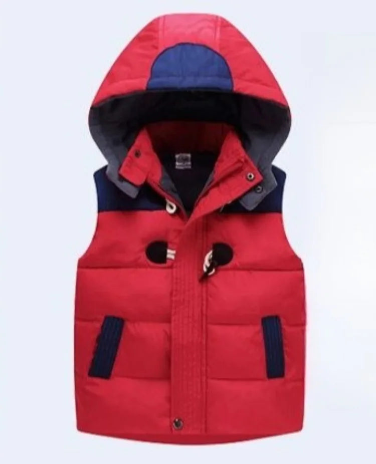 Kids' Autumn Winter Thickened Cotton Hooded Vest with Detachable Hood Soft Lambswool Lined Stand Collar Outerwear for Boys