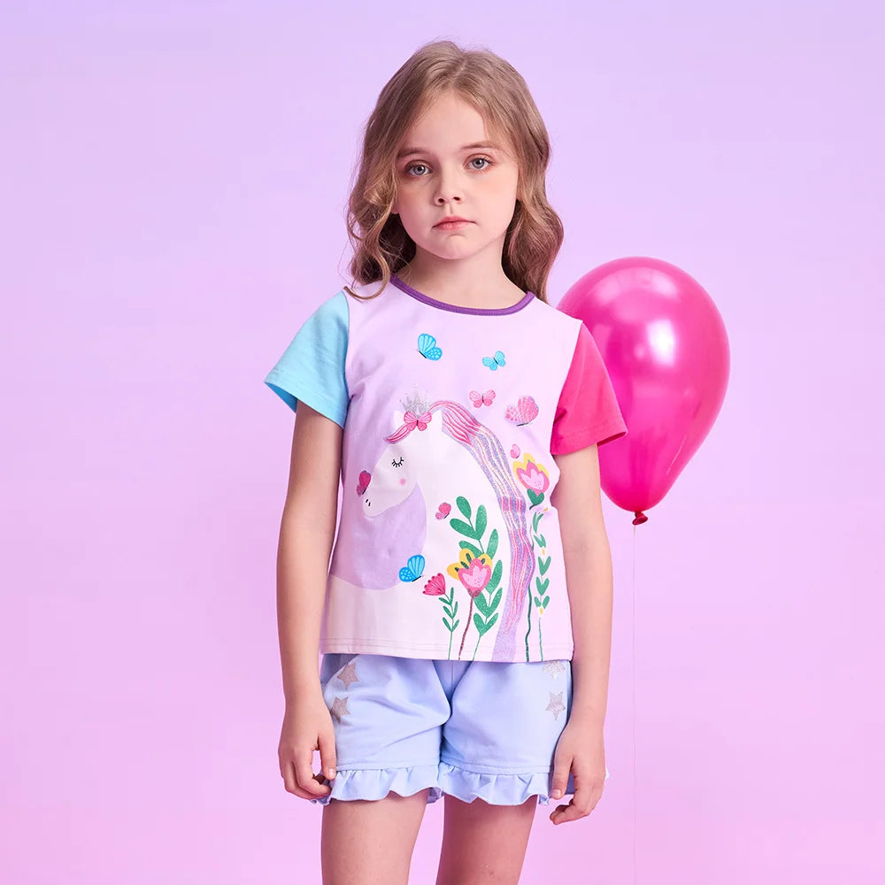 VIKITA Girls O Neck Short Sleeve Summer T Shirt Kids Unicorn Flower Cartoon Print T Shirts Girls Daily Cotton Casual Tops Wear