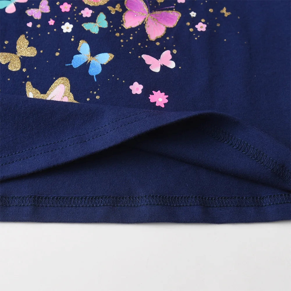 VIKITA Girls Colorful Butterfly Navy Blue T Shirts Kids Cotton Casual Daily Striped Long Sleeve Rainbow Tees Kids Tops Wear 3-8Y