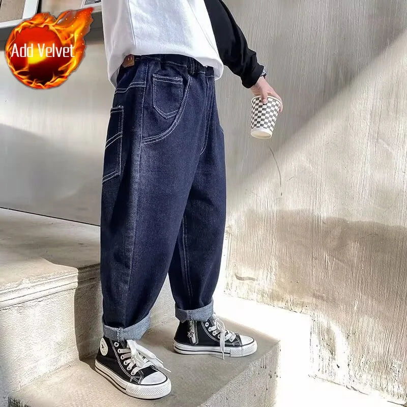 2025 New Boys' Fleece-Lined Jeans for Big Kids - Spring Autumn Autumn Long Pants Kids' Clothing