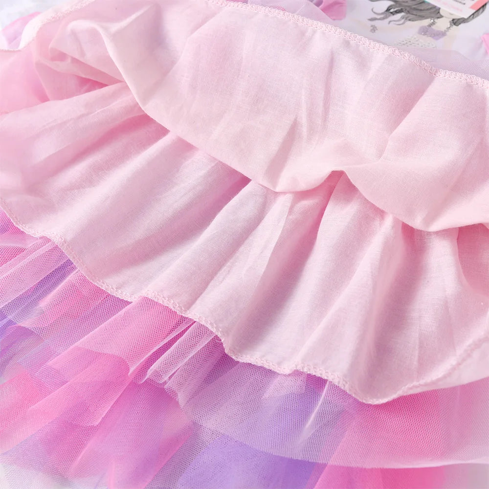 VIKITA Girls Mermaid Sequined Appliqued Cartoon Dress Kids Irregular Mesh Tulle Layered Princess Patchwork Long Sleeve Dresses