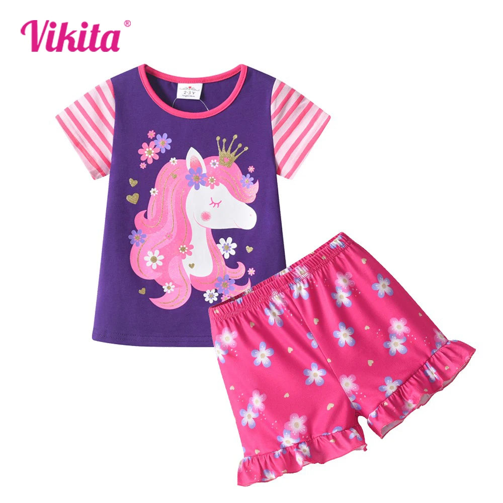 VIKITA Children Clothing Sets for Summer Kids Unicorn Flower Print Short Sleeve T Shirts and Shorts 2 Pcs Suit Clothes Sets