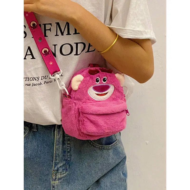 Disney Strawberry Bear 2025 New Girl Plush Backpack Cartoon Children Plush Messenger Bag Fashion Trend Girls Coin Purse