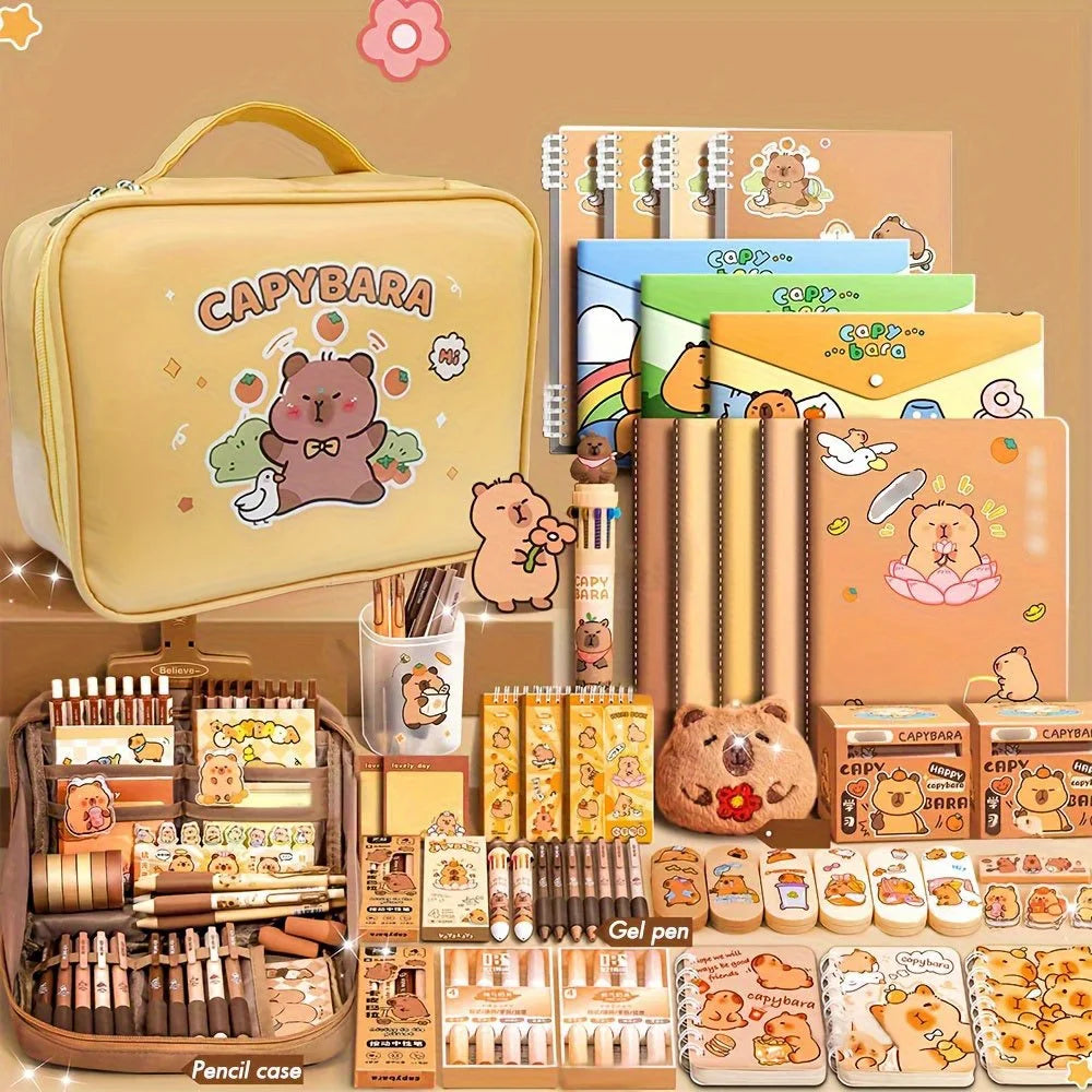 Cute Capybara Stationery Gift Set for Students, Featuring Soft Grip Pens, Notebook, Pencil Case, and Study Essentials Pack