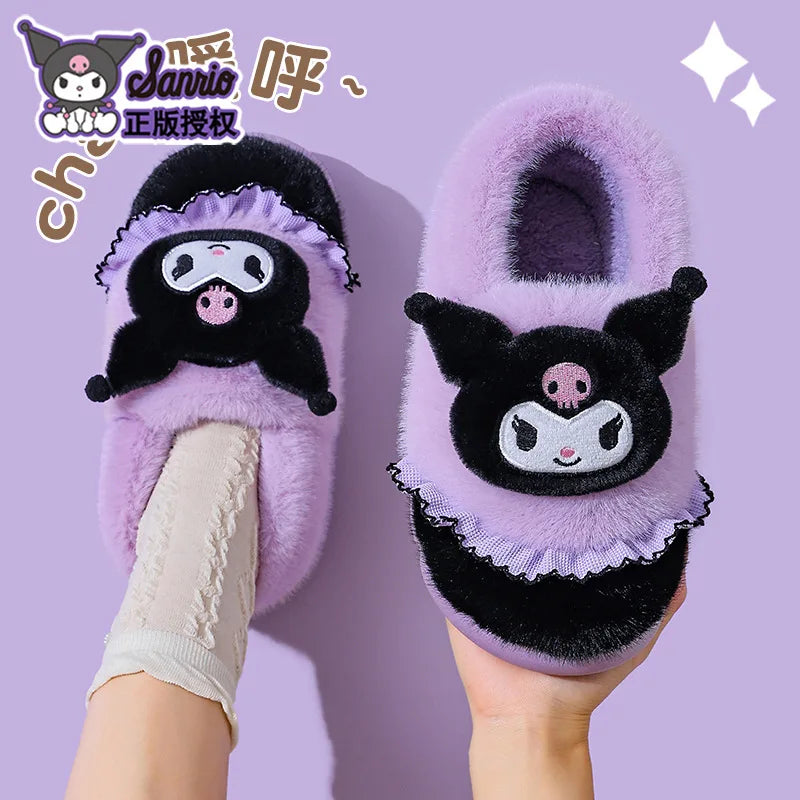 Kids' Slippers House Shoes Cartoon Kuromi With Heel Cover Winter Shoes For Girls Warm Anti-slip Pink Pruple Shoes Size 35-41