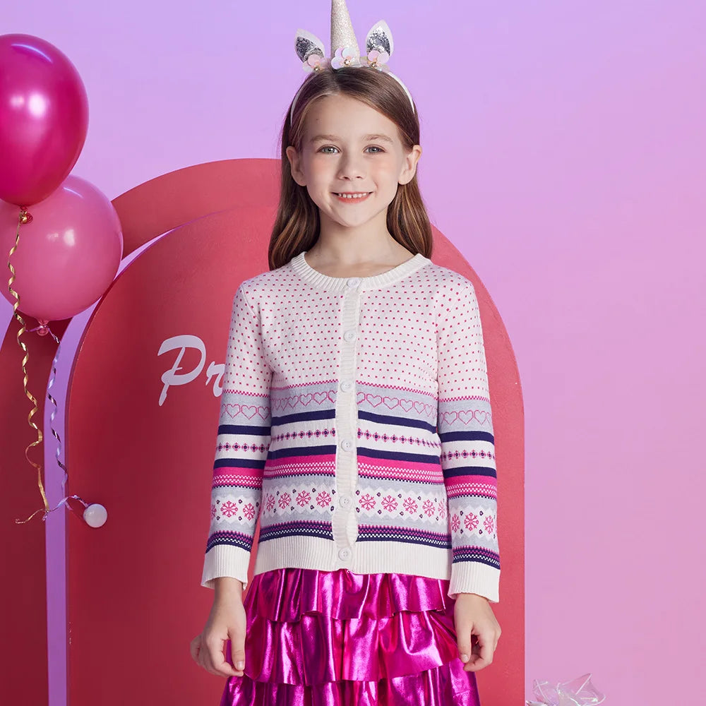 VIKITA Teenagers Cardigans Girls Snowflakes Heart Shape Striped Casual Fashion Cute Sweaters Kids Coat Outer Wear Tops Costumes