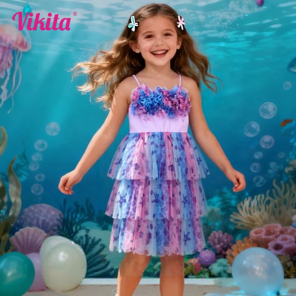 Girls Mermaid Print Tutu Dress with Tiered Tulle Skirt Kids Ruffle Colorful Ocean Starfish Print Birthday Party Performan Dress