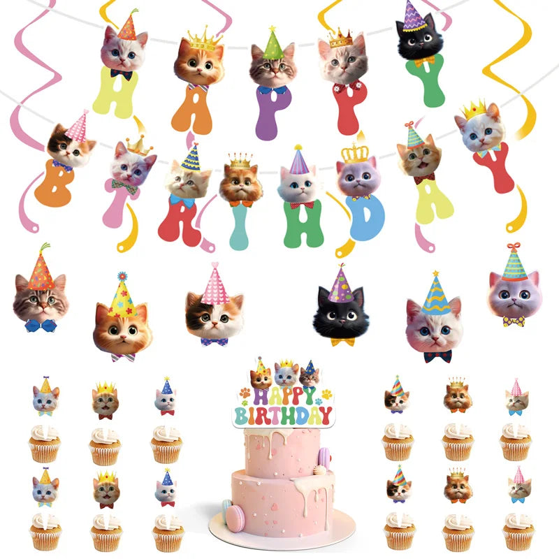 Cat Face Hanging Swirl Decorations Banner Party Supplies Pet Meow Happy Birthday Theme Decor Paper Funny Favor for First 1stBday