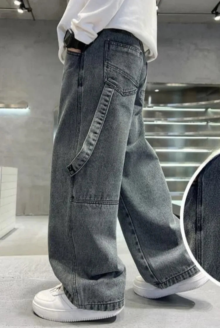 2025 Spring Boys' Wide-Leg Jeans Loose-Fit Trendy Streetwear for Kids Ages 8-14