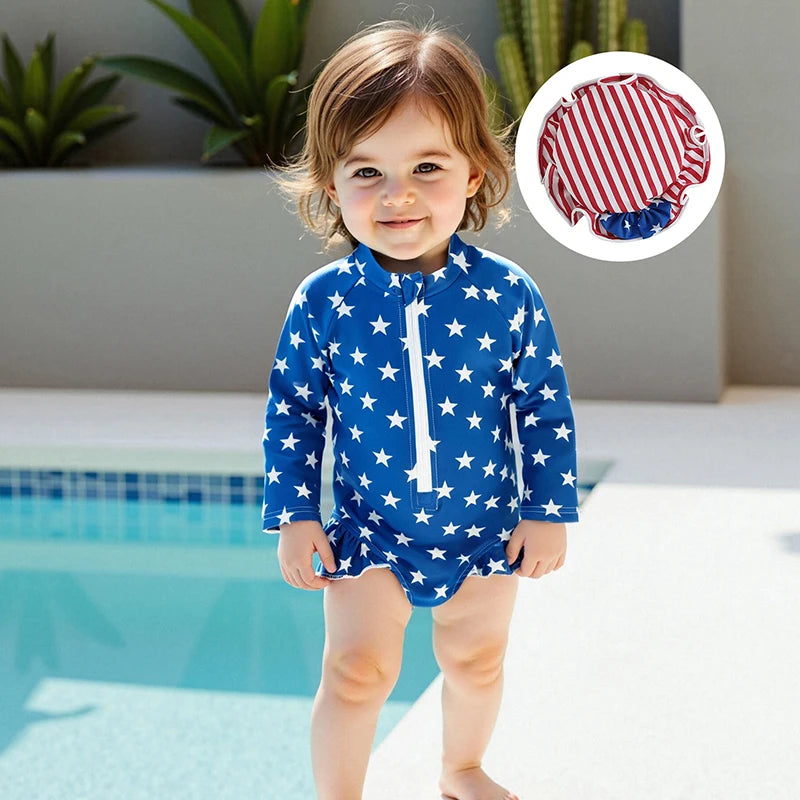 Children s Patriotic Swimsuit Set with Star and Stripe Print Ruffled Zipper Rash Guard Swimwear and Matching Swim Cap for