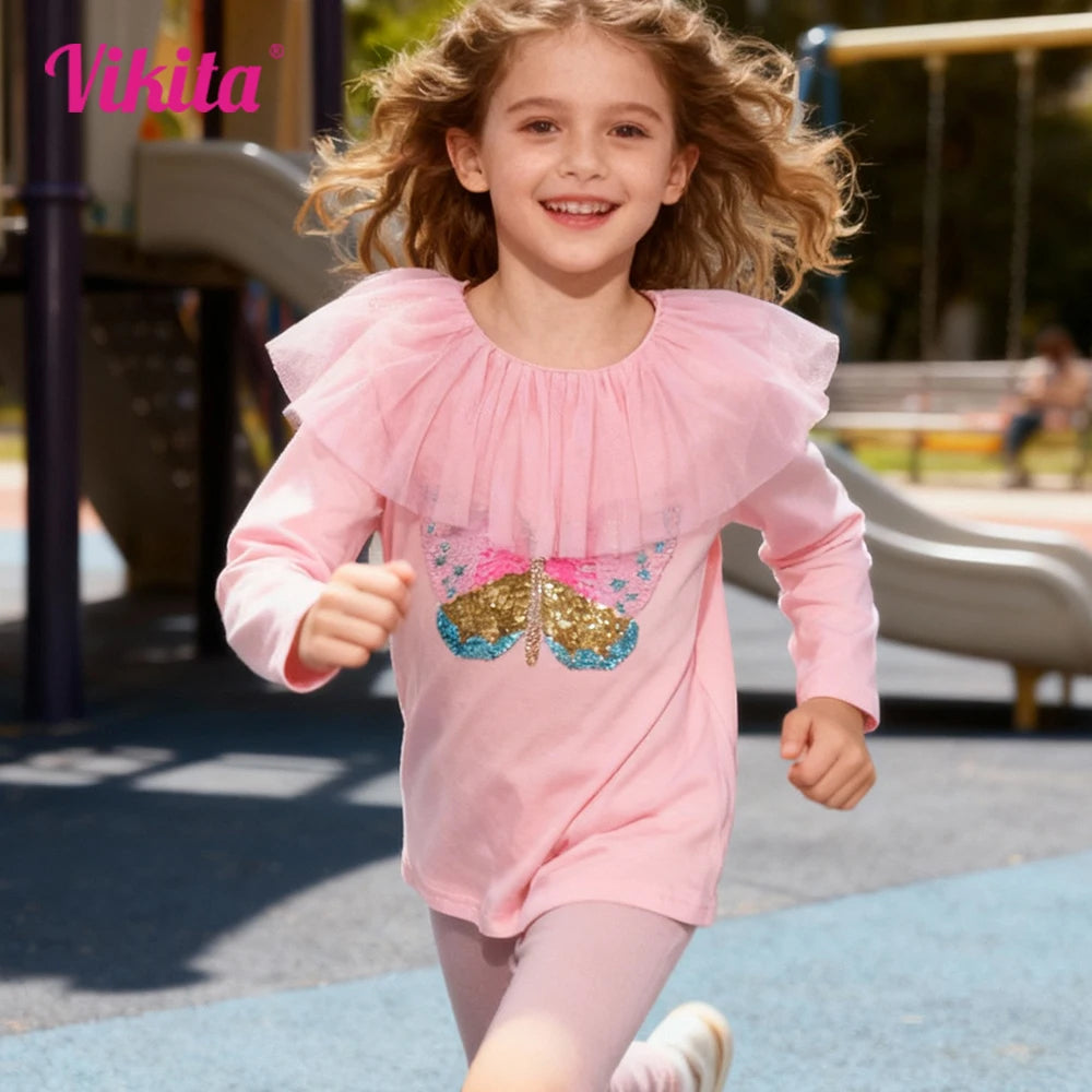 VIKITA Kids Long Sleeve Cotton Casual Pink T Shirt Girls Butterfly Sequined Appliqued Fairy Elf Cute Tops and Tees Kids Clothes