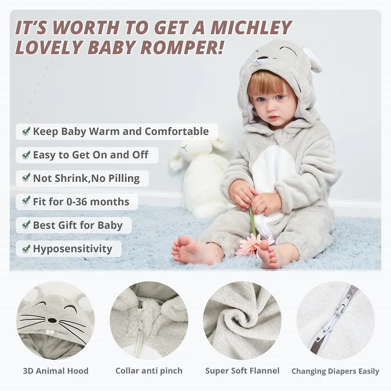 MICHLEY Halloween Costume Infant Baby Clothes Rompers Winter Flannel Hooded Bodysuits Pajamas Animals Overall Jumpsuit For Bebe