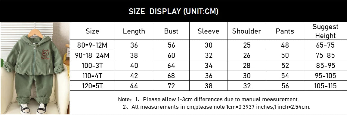Autumn Winter Baby Boys Warm Clothes Set Thick Fleece Cartoon Bear Zipper Hooded Jacket Pants 2Pc For 1-5 Years Girls Sport Suit