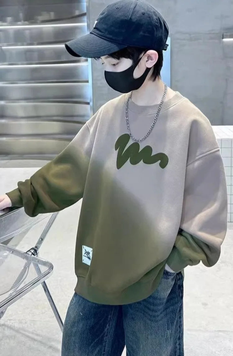 Boys' Medium-Large 2025 Autumn/Winter Trendy Fleece-Lined & Thickened Warm Loose Fit No Hood Sweatshirt