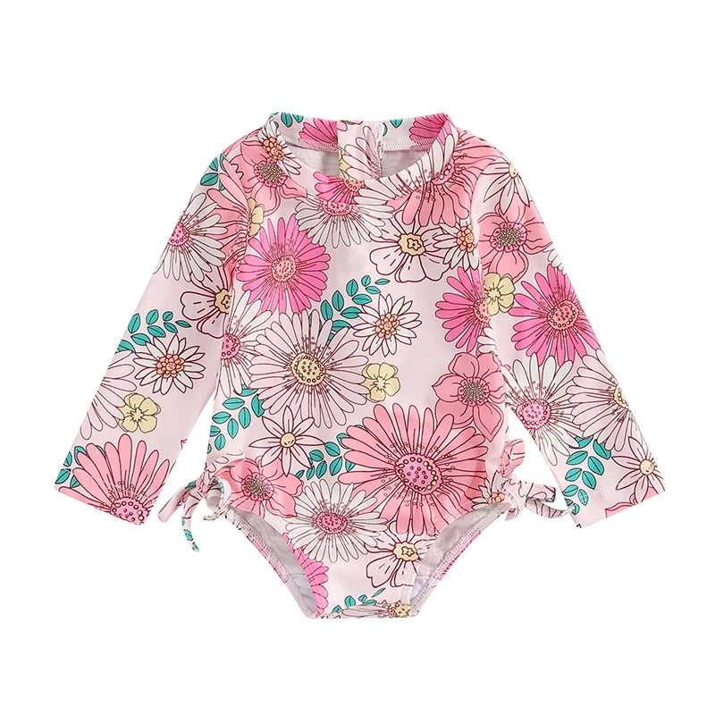 Infant Girls  Rash Guard Swimsuit with Long Sleeves and Cute Floral Print Baby Beachwear Tie-Up Bathing Suit