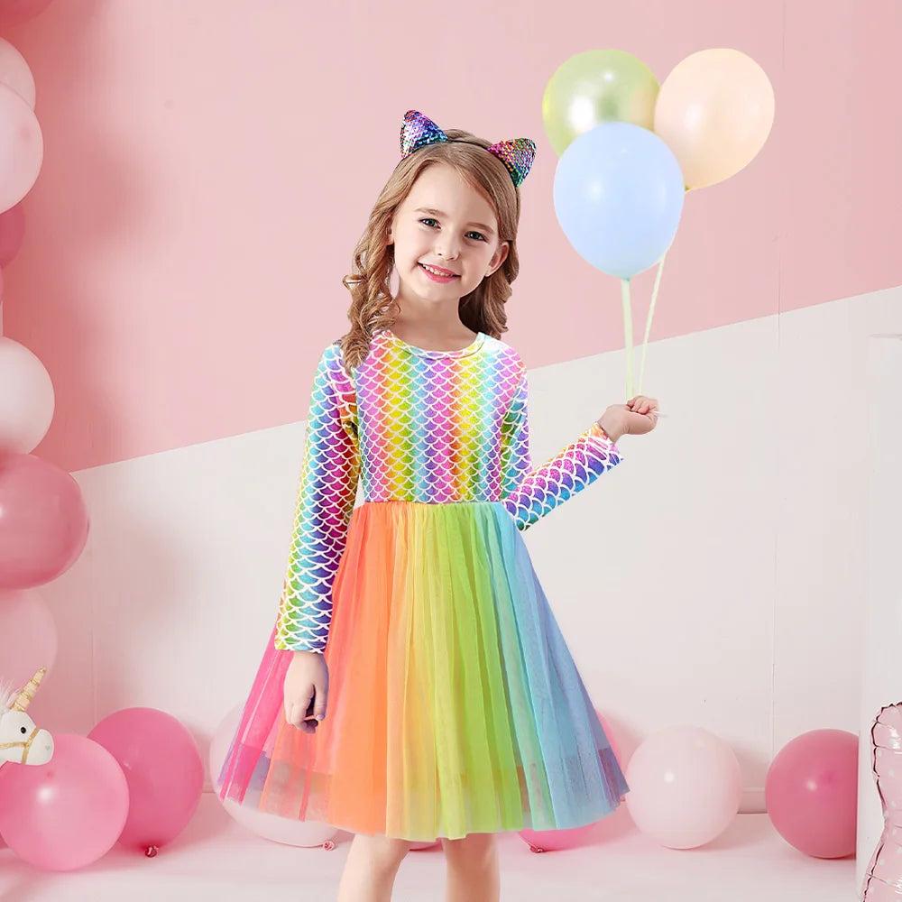 VIKITA Girls Performance Birthday Prom Gown Party Princess Dress Kids Colorful Sequins Shiny Dresses Girls Long Sleeve Dresses