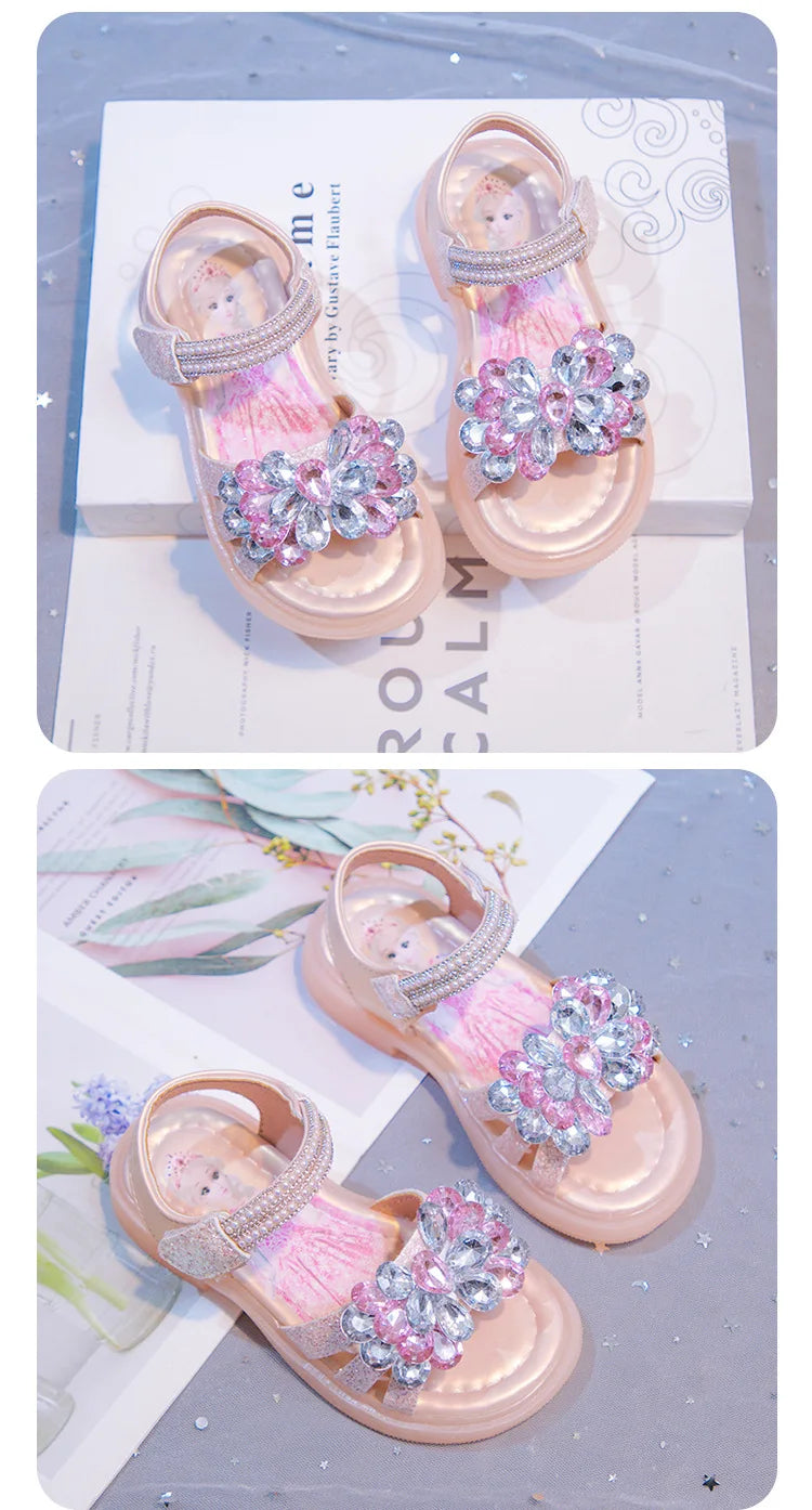 Kids' Sandals Elsa Princess Frozen PU Leather Crystal Summer Flat Shoes For Girls Breathable Anti-slip Blue Pink Size 23-33