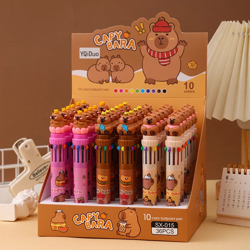 Cute Capybara 36Pcs 10 Color Ballpoint Pen Cartoon Set Capibala Creative Modeling 0.5Mm Multicolor Pen Students Learn Stationery