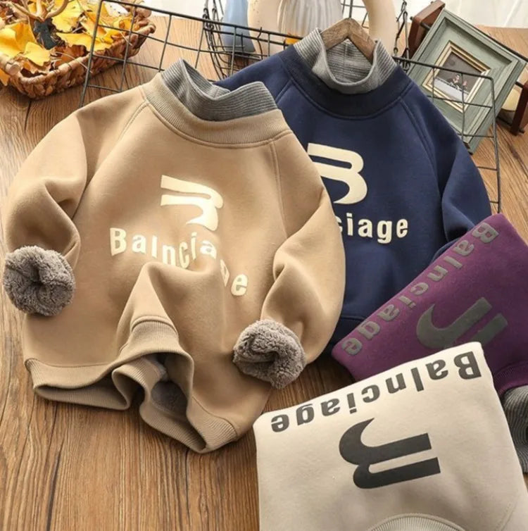 Boys' Big Kids Winter 2025 New Fake Two-Piece Fleece-Lined Mid-Collar Thickened Stylish Base Layer Sweatshirt Tops
