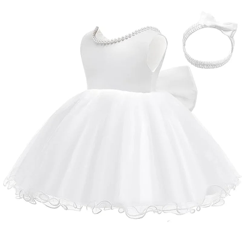 Infant Baby Tulle Backless Pageant Wedding Party Flower Girls Big Bow Dress With Headwear For Toddler Baptism Birthday Prom Gown