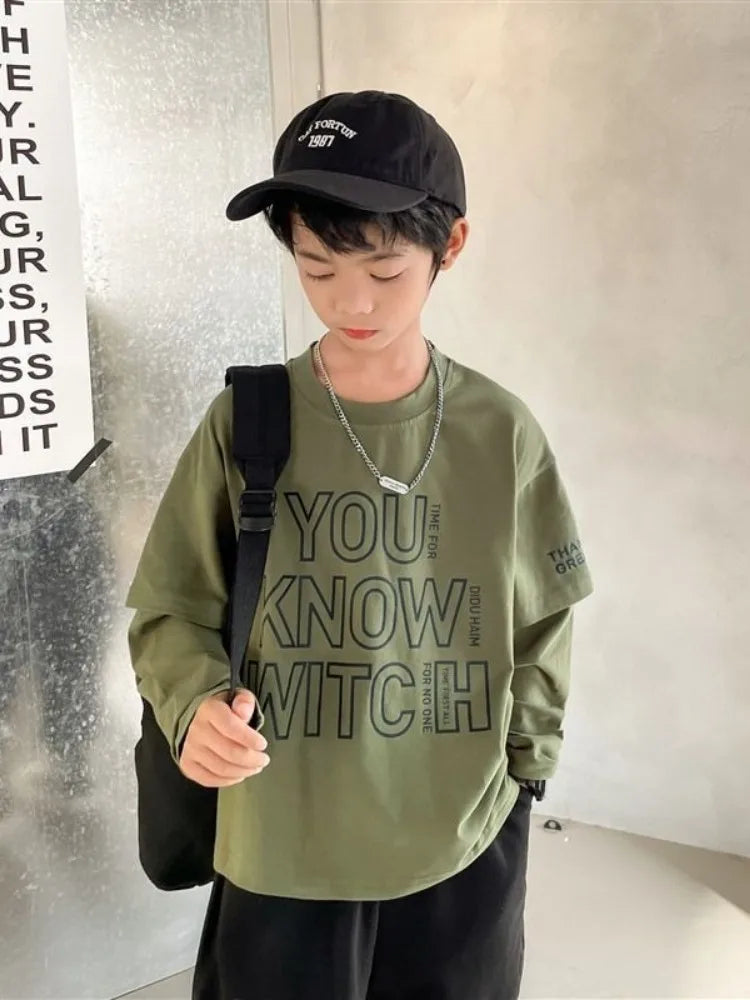 Letter Print Children's Clothes Boys Child T-shirt Long Sleeve Tshirt Clothing 7 12 Years Boy's Kids Wear T-shirts Top Oversized