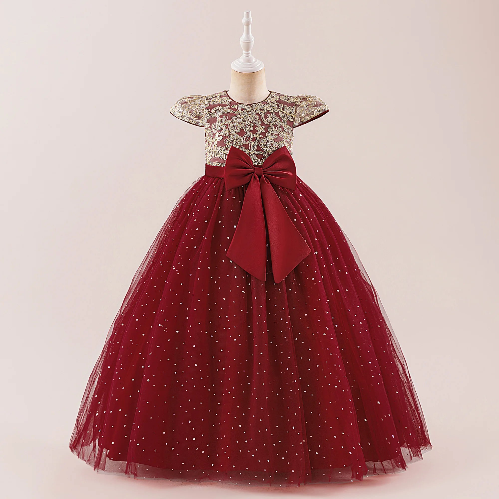 Elegant Bow Bridesmaid Party Girls Dress Sequin Flower Wedding Birthday Princess Dress Girl Tulle Prom Performance Gala Costumes