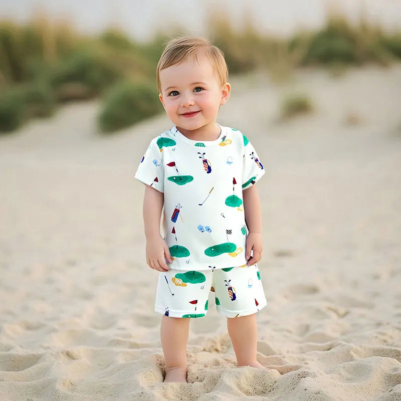 Infant Summer Outfit Set Short Sleeve Round Neck Dinosaur Print T-Shirt and Shorts Baby Boy 2 Piece Clothing Set for Toddler