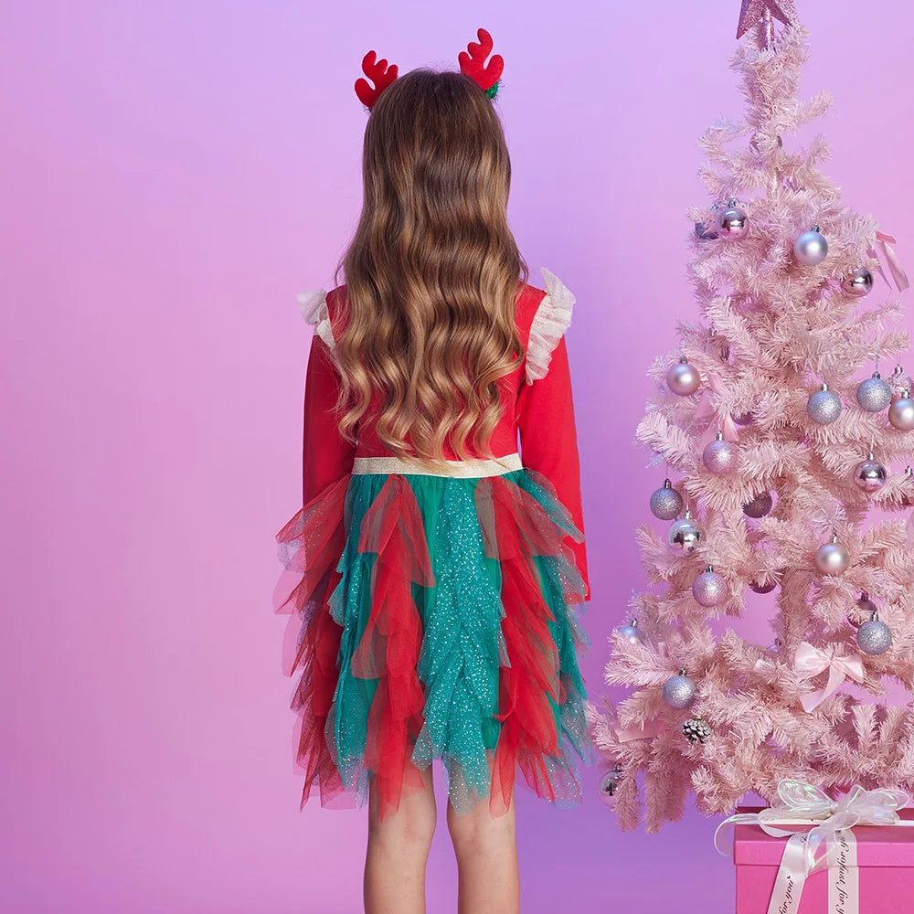 VIKITA 2025 New Girls Christmas Green Red New Year Princess Tutu Dress Kids Unicorn Snowflakes Autumn Winter Party Prom Gown