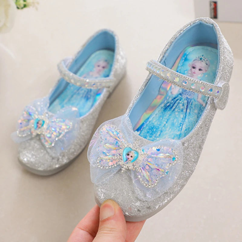 Kids'Casual Shoes Elsa Princess Frozen PU Leather Crystal Bow Spring Shoes For Girls Anti-slip Pink Blue Shoes Size 26-36