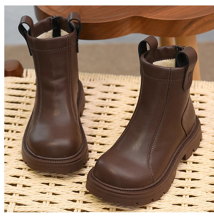 Girls' short boots, genuine leather, children's cotton boots, soft soled leather boots, children's shoes, 2025 autumn and winter