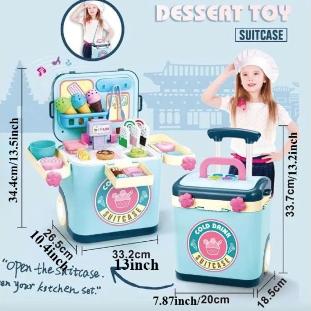 Ice Cream Shop Pretend Play Set Suitcase Cart Toys for Kid Dessert Doctor Play Set with Storage Trolley Table Gift for Boy Girl