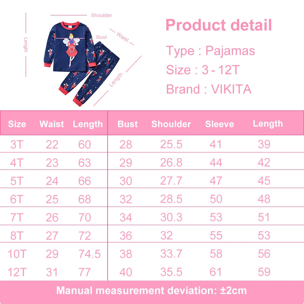 VIKITA Girls Cartoon Pajamas Sets Girl Long Sleeve Spring Autumn Pijamas Kids Cotton Casual Tops Pants 2 Pcs Pyjamas Sleepwear