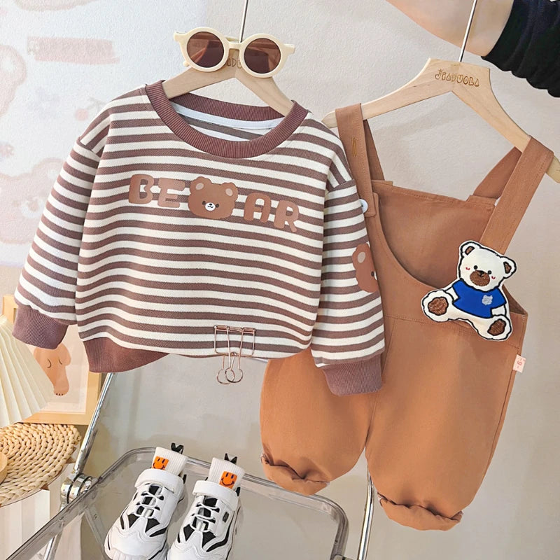 New Autumn Baby Girls Clothes Set Children Boys Striped T-Shirt Overall 2Pcs/Set Kids Clothing Infant Costume Toddler Tracksuits