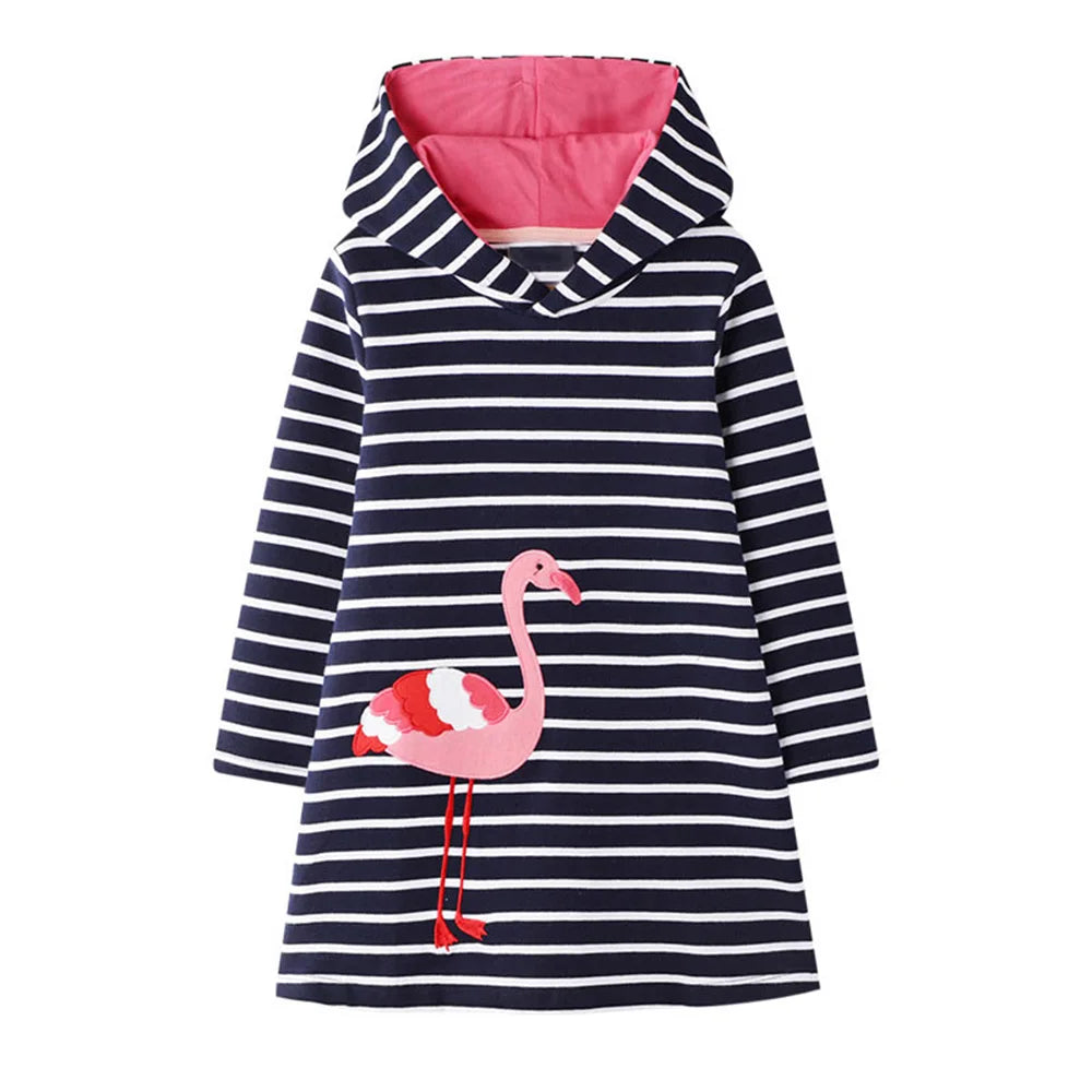 VIKITA Girls Autumn Hooded Dress Kids Flamingo Striped Straight Dresses Kids Sports Street Daily Casual Cotton Hoodies Vestidos
