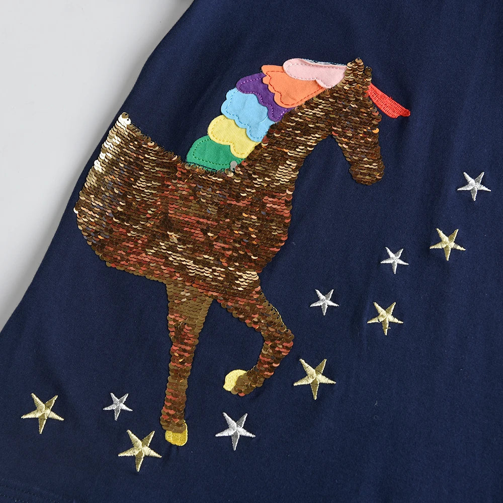 VIKITA Girls Summer Short Sleeve Straight Vestidos Kids Navy Blue Cotton Casual School Daily Licorne Sequined Appliqued Dresses