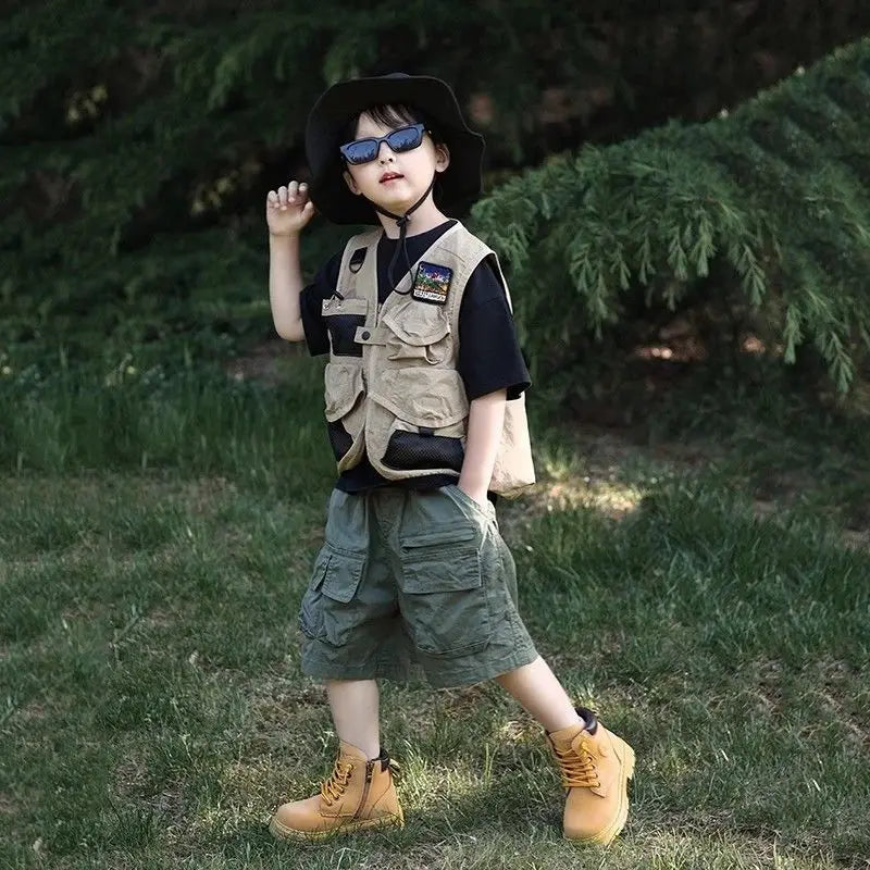 2025 New Autumn Outdoor Tactical Vest for Kids Boys Girls Olive Green Kids Cargo Vest Lightweight Waterproof Hiking Jacket