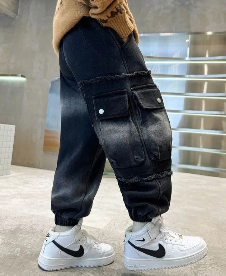 2025 Boys' Cargo Pants All-Season Washed Tie-Dye Denim Long Pants Trendy Casual Style
