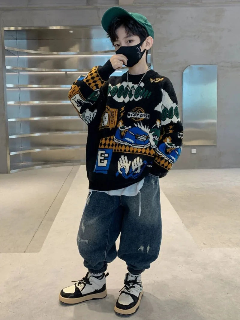 2025 New Boys' Autumn/Winter Fleece-Lined Thickened Pullover Knit Sweater - Warm Base Layer for Kids, Trendy & Cozy Design
